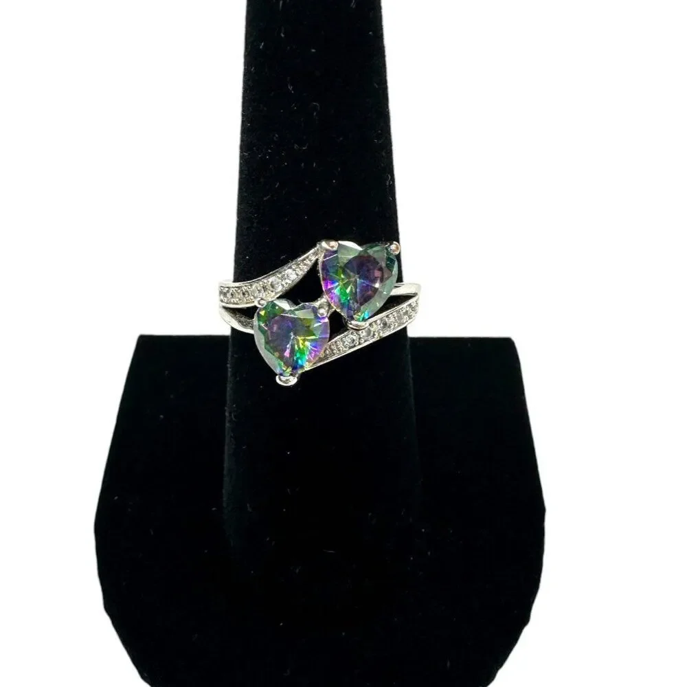 Mystic Topaz Double Heart and Cubic Zirconia Ring